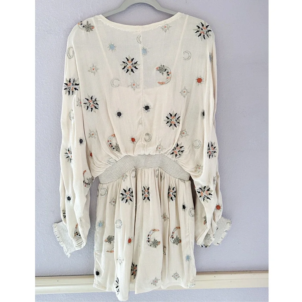 Free People Under The Stars Embroidered Romper Sequin Celestial Bohemian Size XS